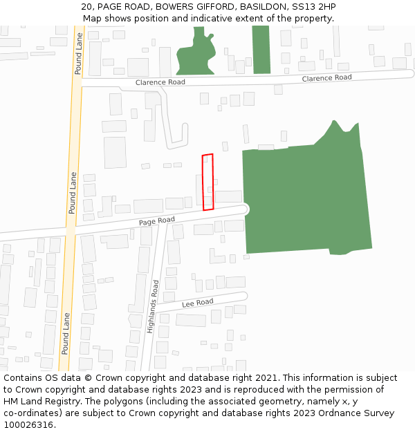 20, PAGE ROAD, BOWERS GIFFORD, BASILDON, SS13 2HP: Location map and indicative extent of plot