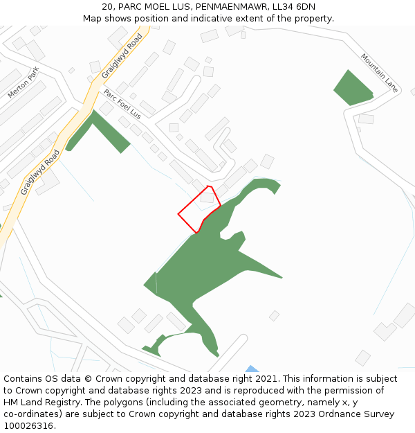 20, PARC MOEL LUS, PENMAENMAWR, LL34 6DN: Location map and indicative extent of plot