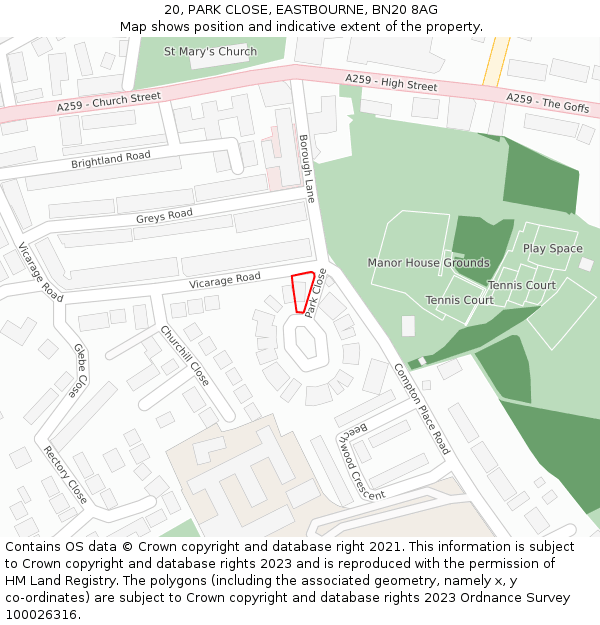 20, PARK CLOSE, EASTBOURNE, BN20 8AG: Location map and indicative extent of plot