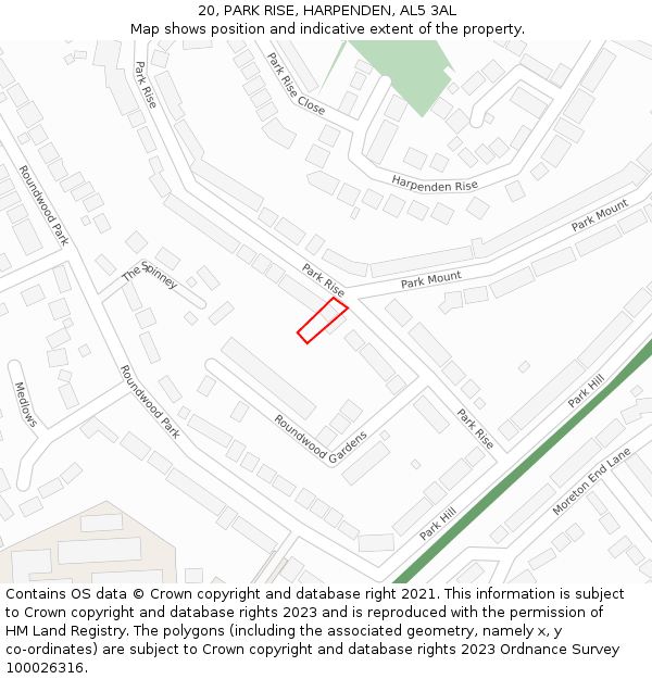 20, PARK RISE, HARPENDEN, AL5 3AL: Location map and indicative extent of plot