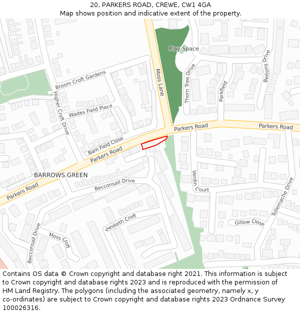 20, PARKERS ROAD, CREWE, CW1 4GA: Location map and indicative extent of plot