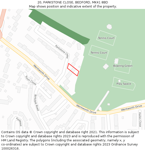 20, PARKSTONE CLOSE, BEDFORD, MK41 8BD: Location map and indicative extent of plot