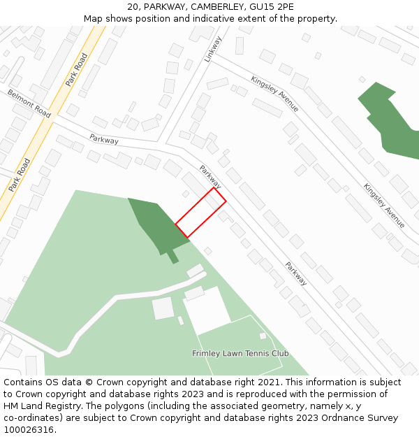 20, PARKWAY, CAMBERLEY, GU15 2PE: Location map and indicative extent of plot