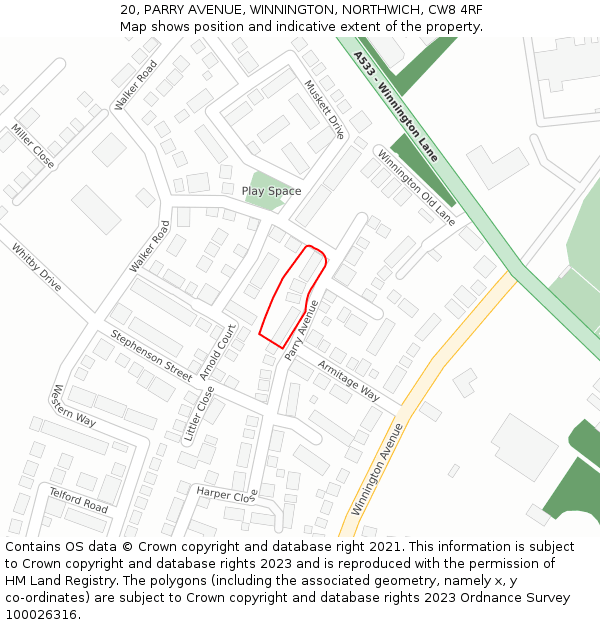 20, PARRY AVENUE, WINNINGTON, NORTHWICH, CW8 4RF: Location map and indicative extent of plot