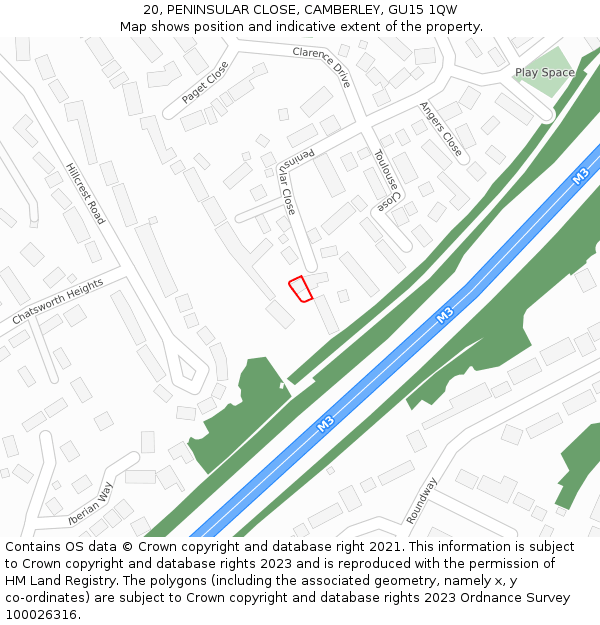 20, PENINSULAR CLOSE, CAMBERLEY, GU15 1QW: Location map and indicative extent of plot