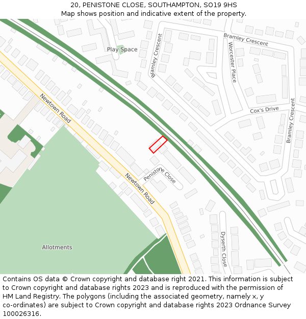 20, PENISTONE CLOSE, SOUTHAMPTON, SO19 9HS: Location map and indicative extent of plot