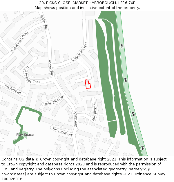 20, PICKS CLOSE, MARKET HARBOROUGH, LE16 7XP: Location map and indicative extent of plot