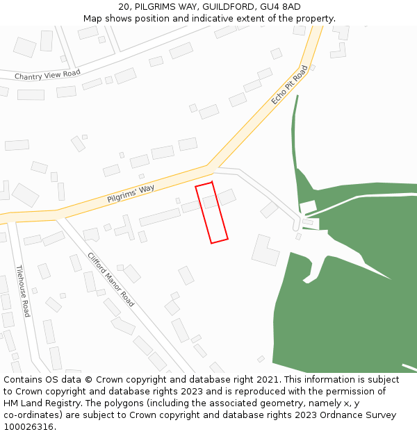 20, PILGRIMS WAY, GUILDFORD, GU4 8AD: Location map and indicative extent of plot