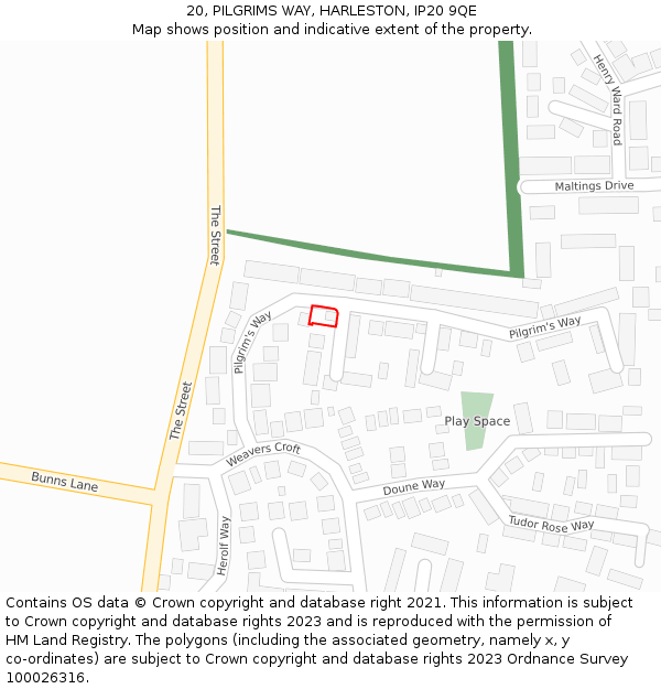 20, PILGRIMS WAY, HARLESTON, IP20 9QE: Location map and indicative extent of plot