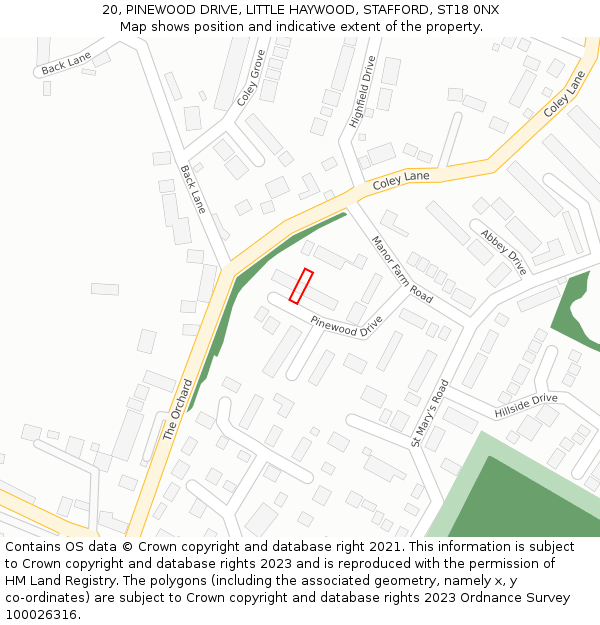 20, PINEWOOD DRIVE, LITTLE HAYWOOD, STAFFORD, ST18 0NX: Location map and indicative extent of plot