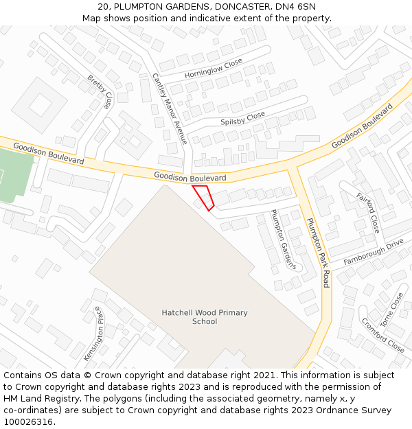 20, PLUMPTON GARDENS, DONCASTER, DN4 6SN: Location map and indicative extent of plot