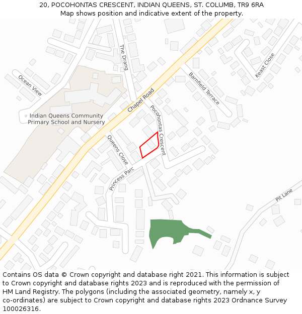 20, POCOHONTAS CRESCENT, INDIAN QUEENS, ST. COLUMB, TR9 6RA: Location map and indicative extent of plot