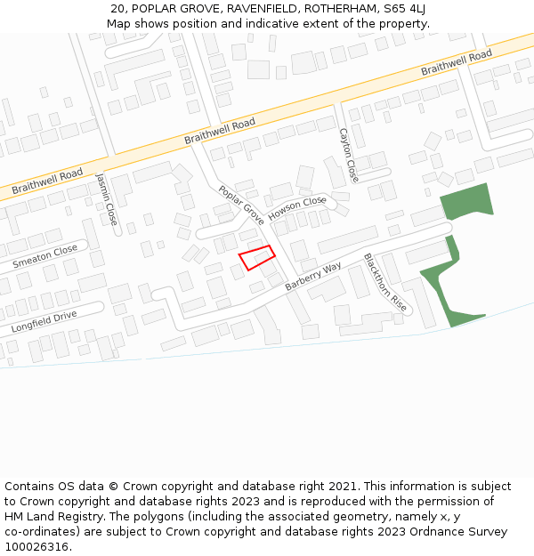 20, POPLAR GROVE, RAVENFIELD, ROTHERHAM, S65 4LJ: Location map and indicative extent of plot