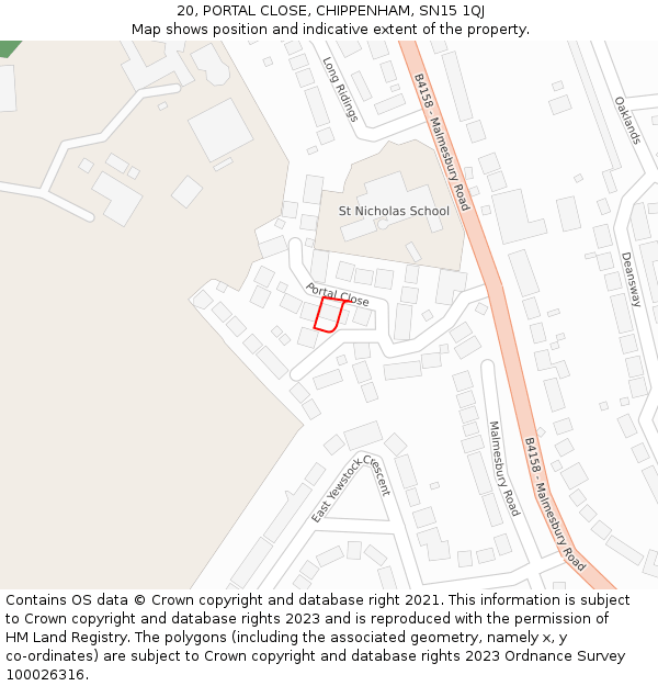 20, PORTAL CLOSE, CHIPPENHAM, SN15 1QJ: Location map and indicative extent of plot