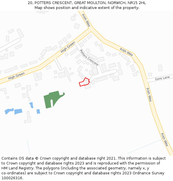 20, POTTERS CRESCENT, GREAT MOULTON, NORWICH, NR15 2HL: Location map and indicative extent of plot