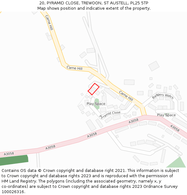 20, PYRAMID CLOSE, TREWOON, ST AUSTELL, PL25 5TP: Location map and indicative extent of plot