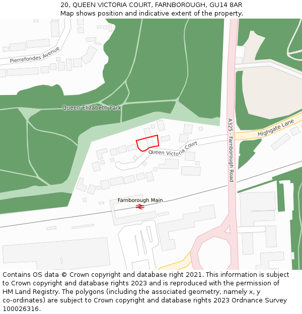20, QUEEN VICTORIA COURT, FARNBOROUGH, GU14 8AR: Location map and indicative extent of plot