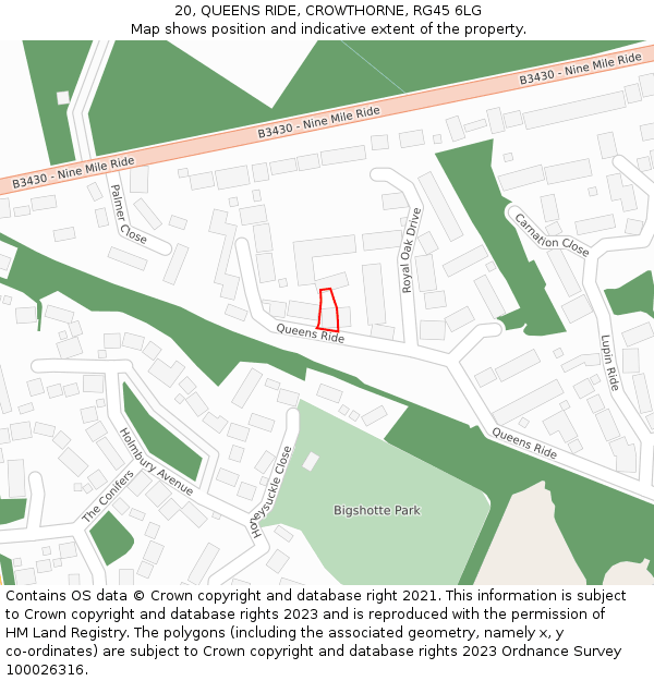 20, QUEENS RIDE, CROWTHORNE, RG45 6LG: Location map and indicative extent of plot