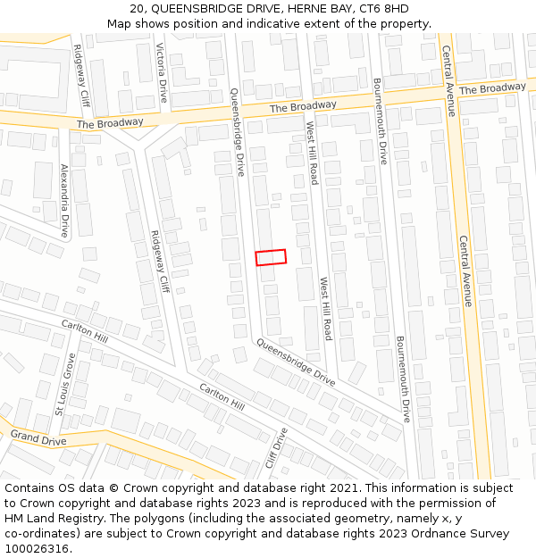 20, QUEENSBRIDGE DRIVE, HERNE BAY, CT6 8HD: Location map and indicative extent of plot