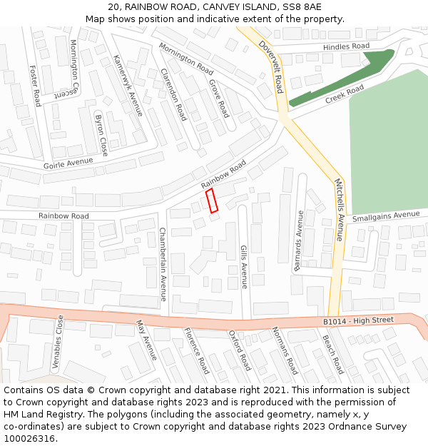20, RAINBOW ROAD, CANVEY ISLAND, SS8 8AE: Location map and indicative extent of plot