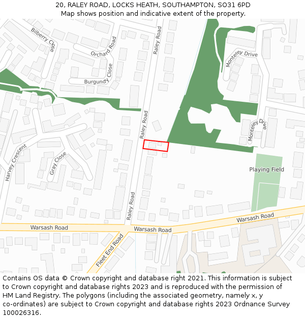 20, RALEY ROAD, LOCKS HEATH, SOUTHAMPTON, SO31 6PD: Location map and indicative extent of plot