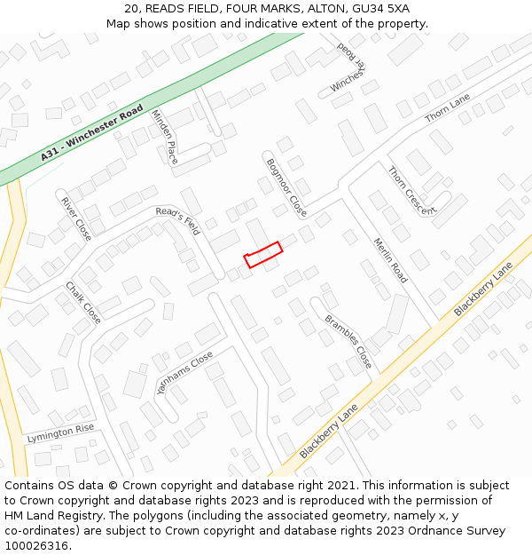 20, READS FIELD, FOUR MARKS, ALTON, GU34 5XA: Location map and indicative extent of plot