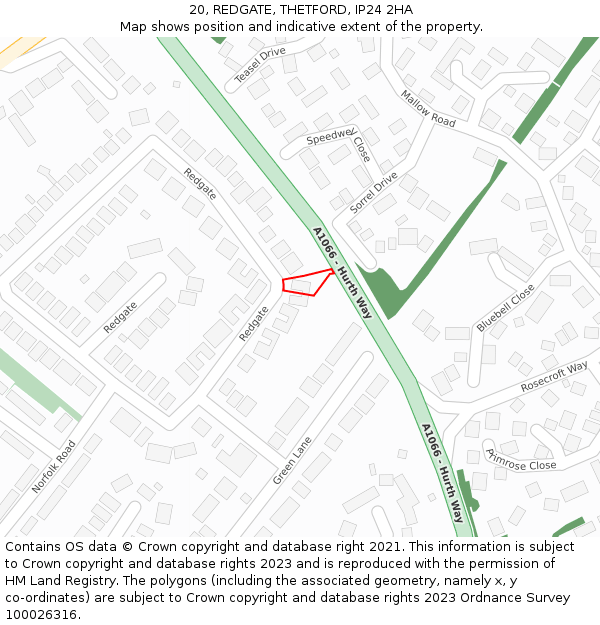 20, REDGATE, THETFORD, IP24 2HA: Location map and indicative extent of plot