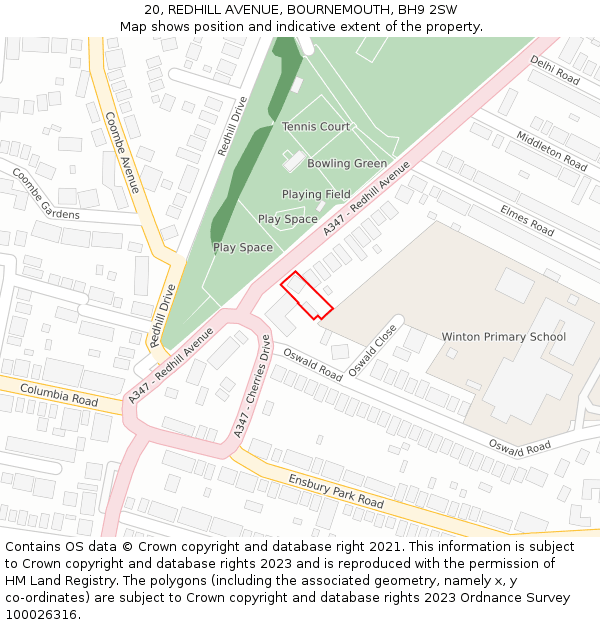 20, REDHILL AVENUE, BOURNEMOUTH, BH9 2SW: Location map and indicative extent of plot
