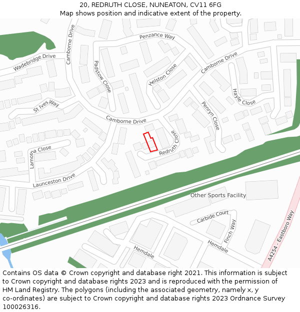 20, REDRUTH CLOSE, NUNEATON, CV11 6FG: Location map and indicative extent of plot