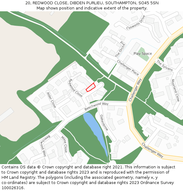 20, REDWOOD CLOSE, DIBDEN PURLIEU, SOUTHAMPTON, SO45 5SN: Location map and indicative extent of plot