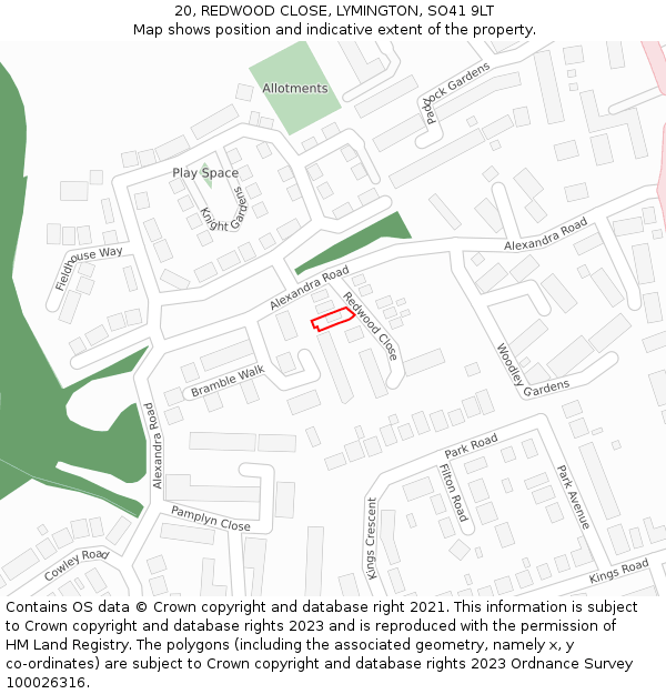 20, REDWOOD CLOSE, LYMINGTON, SO41 9LT: Location map and indicative extent of plot