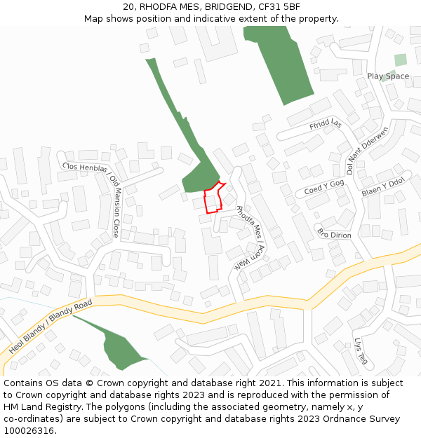 20, RHODFA MES, BRIDGEND, CF31 5BF: Location map and indicative extent of plot