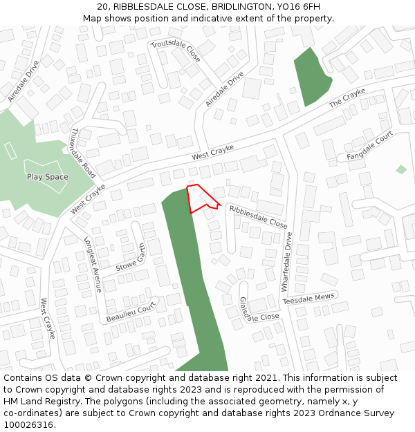 20, RIBBLESDALE CLOSE, BRIDLINGTON, YO16 6FH: Location map and indicative extent of plot