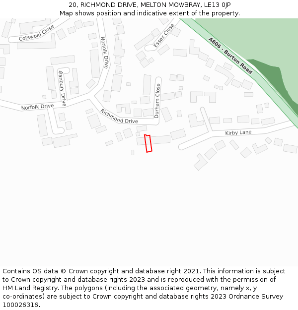 20, RICHMOND DRIVE, MELTON MOWBRAY, LE13 0JP: Location map and indicative extent of plot