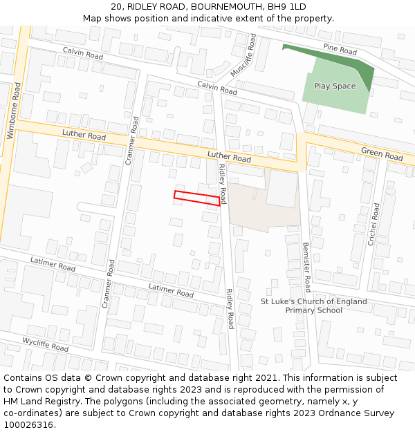 20, RIDLEY ROAD, BOURNEMOUTH, BH9 1LD: Location map and indicative extent of plot