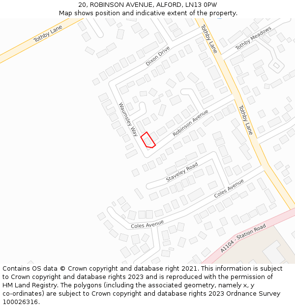 20, ROBINSON AVENUE, ALFORD, LN13 0PW: Location map and indicative extent of plot