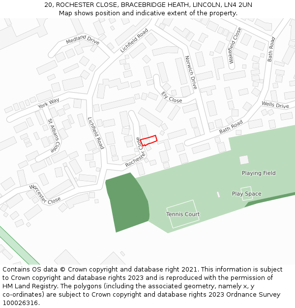 20, ROCHESTER CLOSE, BRACEBRIDGE HEATH, LINCOLN, LN4 2UN: Location map and indicative extent of plot