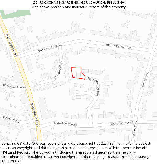 20, ROCKCHASE GARDENS, HORNCHURCH, RM11 3NH: Location map and indicative extent of plot