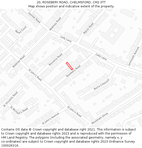 20, ROSEBERY ROAD, CHELMSFORD, CM2 0TT: Location map and indicative extent of plot