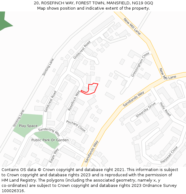 20, ROSEFINCH WAY, FOREST TOWN, MANSFIELD, NG19 0GQ: Location map and indicative extent of plot