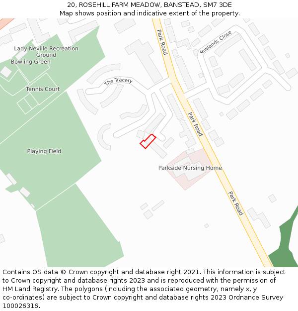 20, ROSEHILL FARM MEADOW, BANSTEAD, SM7 3DE: Location map and indicative extent of plot