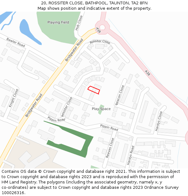 20, ROSSITER CLOSE, BATHPOOL, TAUNTON, TA2 8FN: Location map and indicative extent of plot