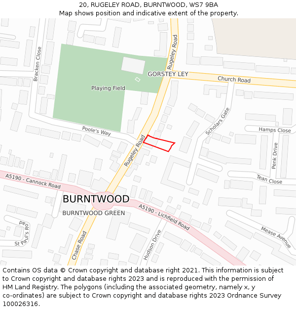 20, RUGELEY ROAD, BURNTWOOD, WS7 9BA: Location map and indicative extent of plot