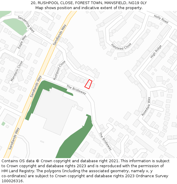 20, RUSHPOOL CLOSE, FOREST TOWN, MANSFIELD, NG19 0LY: Location map and indicative extent of plot