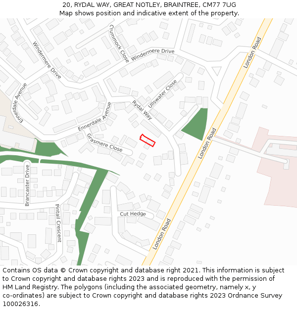 20, RYDAL WAY, GREAT NOTLEY, BRAINTREE, CM77 7UG: Location map and indicative extent of plot