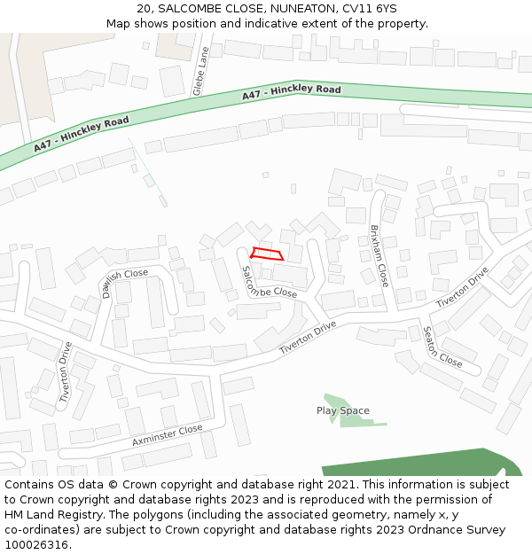 20, SALCOMBE CLOSE, NUNEATON, CV11 6YS: Location map and indicative extent of plot