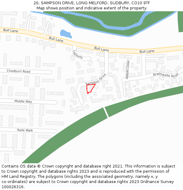 20, SAMPSON DRIVE, LONG MELFORD, SUDBURY, CO10 9TF: Location map and indicative extent of plot