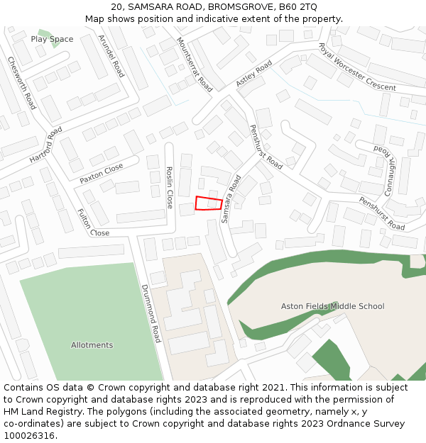 20, SAMSARA ROAD, BROMSGROVE, B60 2TQ: Location map and indicative extent of plot
