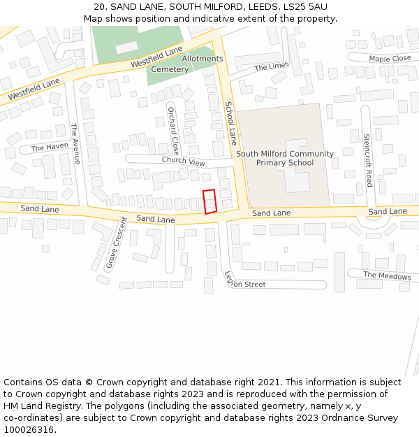 20, SAND LANE, SOUTH MILFORD, LEEDS, LS25 5AU: Location map and indicative extent of plot