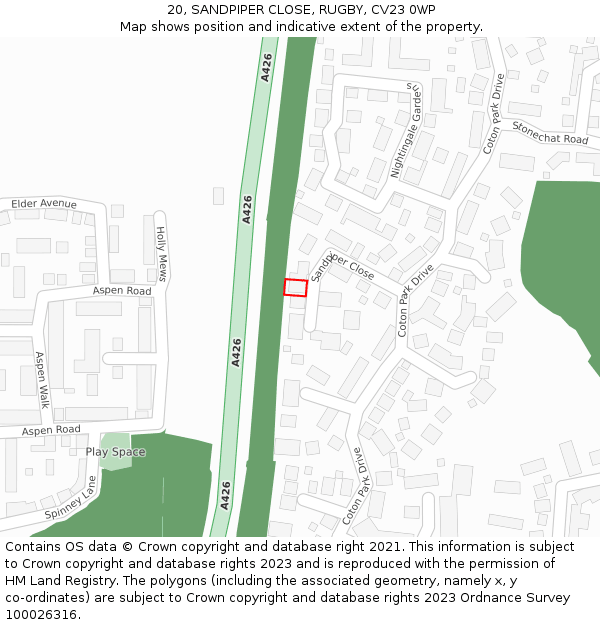 20, SANDPIPER CLOSE, RUGBY, CV23 0WP: Location map and indicative extent of plot